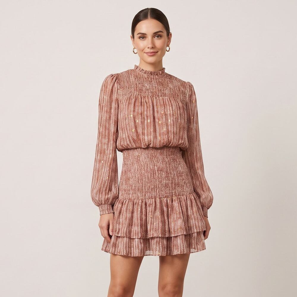 Aqua Smocked Long Sleeve Ruffle Mini Dress Pink Metallic Shimmer Chiffon Size S